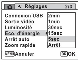 PENTAX OPTIO W80 - Utilisez le bouton de navigation ( ) pour selectionner le laps de temps qui s'écoule avant l'activation du mode économique d'énergie. - 1