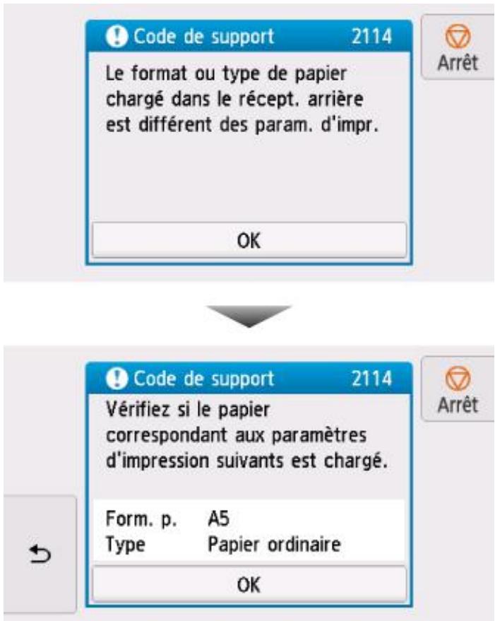 CANON TS8053 - Lorsque les paramètres de papier pour l'impression ou la copie sont différents des informations concernant le papier enregistrées sur l'imprimante : - 2