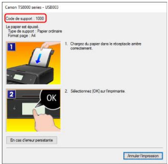 CANON TS8053 - Lorsqu'un code support et un message s'affichent à l'écran : - 1