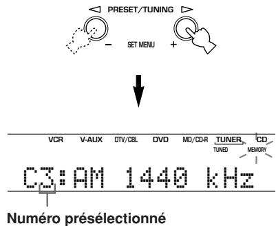 YAMAHA AV3005 - Tandis que le témoin “MEMORY” clignote, appuyez sur la touche PRESET/TUNING / pour sélectionner un numéro de station (1 à 8). - 1