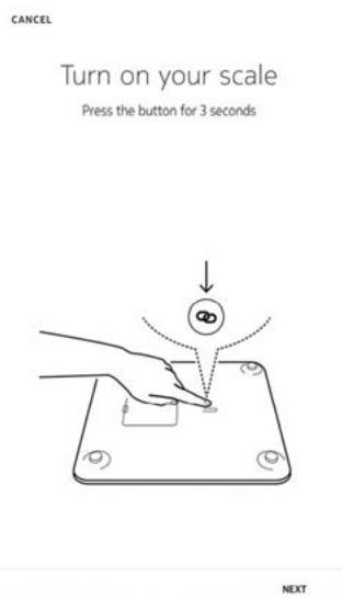 NOKIA BODY + BLANCHE - Appuyez pendant trois secondes sur le bouton situé à l'arrêt de la balance, puis touchez suivant. - 1