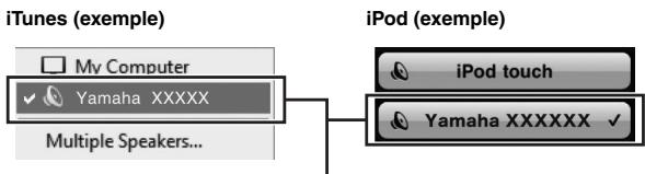 YAMAHA RNG602 - Sur l'iPod ou iTunes, cliquez (appuyez) sur l'icone AirPlay et selectionnez I'unité (nom du réseau de I'unité) comme apparéil de sortie audio. - 1