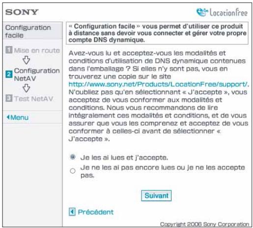 SONY 2-671-880-31 - Lisez le « Contrat d'utilisation de DNS dynamique » fourni dans le carton. Àpres la lecture du Contrat d'utilisation de DNS dynamique, sélectionnez l'une des cases d'option, puis [Suisant] et appuyez sur la touche  . - 1