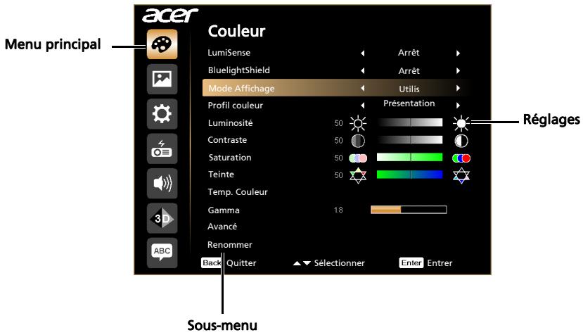 ACER X138WH - Utiliser les menus OSD - 1