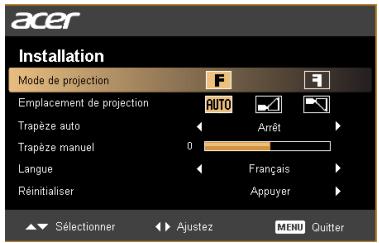 ACER X1263 - Menu d'installation - 2