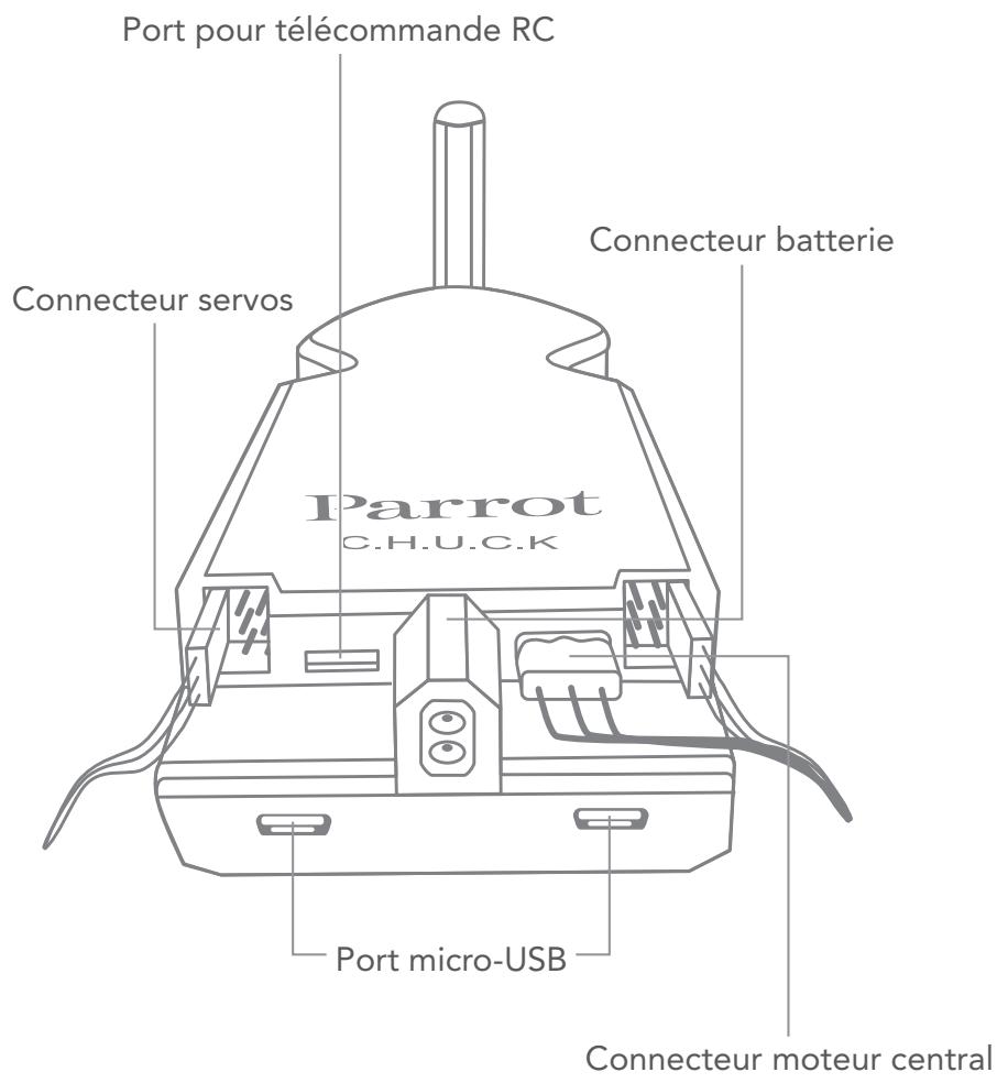 Port pour télécommande RC Connecteur servos Connecteur batterie Parrot C.H.U.C.K Port micro-USB Connecteur moteur central