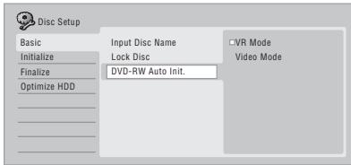 PIONEER DVR-LX60D - Sélectionnez 'Basic'>DVD-RW Auto Init.', puis 'VR Mode' ou 'Video Mode'. - 1