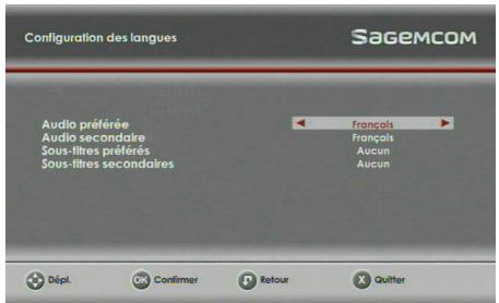 SAGEM DS 87 HD - Choix des langues menu, audio et sous-titres - 1