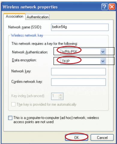 BELKIN F5D7050 - Configuration de l'utilitaire pour réseau sans fil Windows XP pour utiliser la fonction de sécurité WPA-PSK - 2