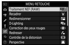 NIKON Z5+24-50MM+FTZ - Sélectionnez [Traitement NEF (RAW)] dans le menu Retouche. - 1