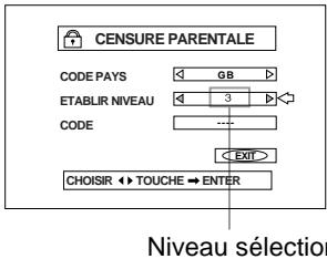 JVC HT-A9C - Appuyez sur les curseurs ▲/▼ pour déplacer le pointeur à “ETABLIR NIVEAU” puis appuyez sur les curseurs «/» pour sélectionner le niveau de censure parentale. - 1
