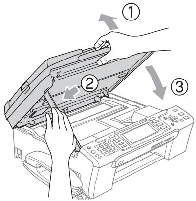 BROTHER MFC 680CN - Soulevez le capot du scanner pour débloquer le verrou (1). Sans forcer, poussez le support de capot du scanner vers le bas (2) et refermez le capot du scanner (3). - 1