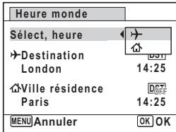 PENTAX M60 - Utilisez le bouton de navigation ( ) pour selectionner  (Destination) ou  (Ville résidence). - 1