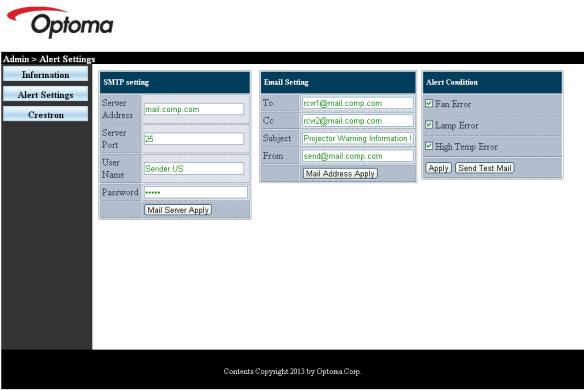 OPTOMA X600 - Préparation des alertes par e-mail - 4