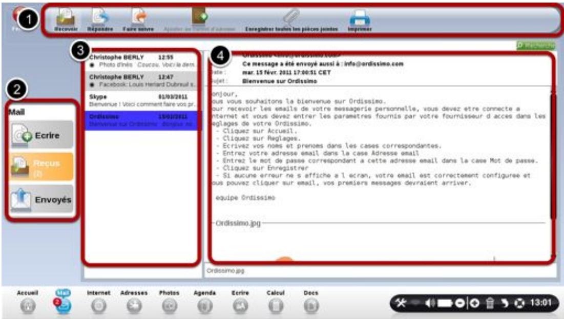 ORDISSIMO AGATHE2/iNTEL N3050 2G 64G 14P - Les différentes parties importantes de votre logiciel "Mail": Mail RECUS - 1