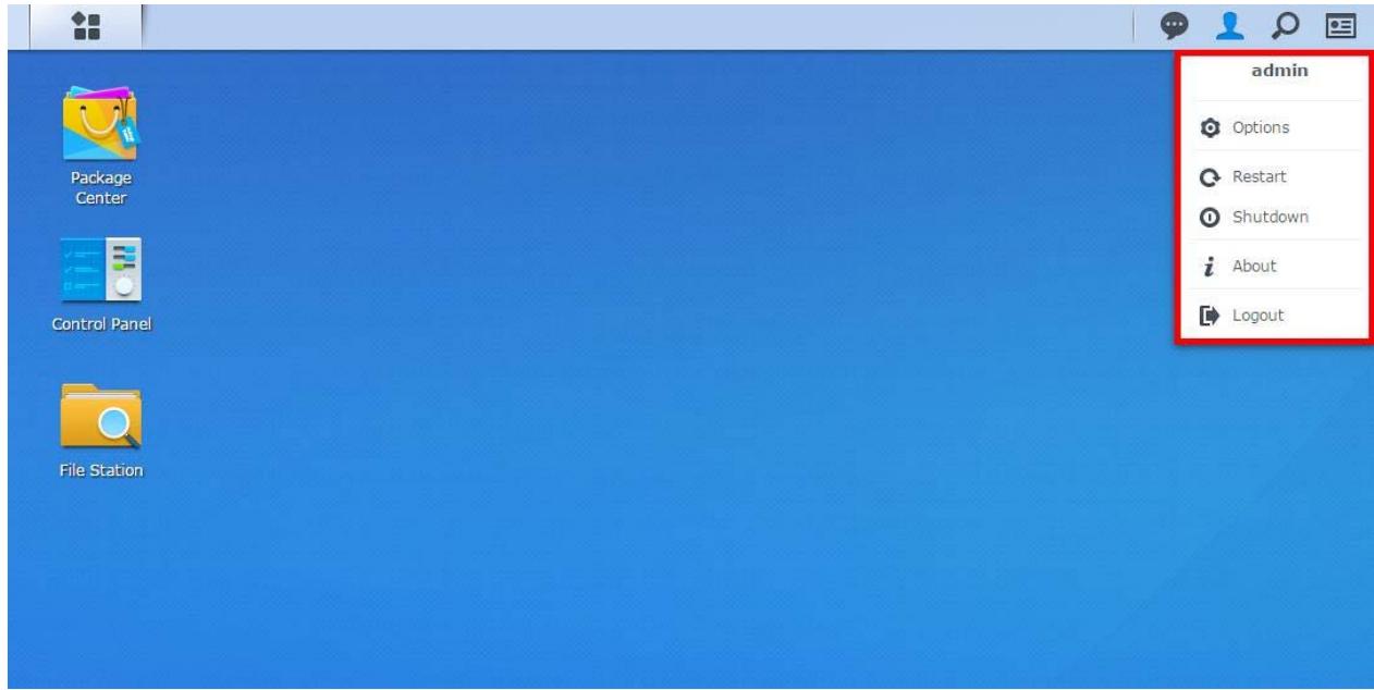 SYNOLOGY DS216+ II - Arrêt, redémarrage, déconnexion ou gestion des options personnelles - 1