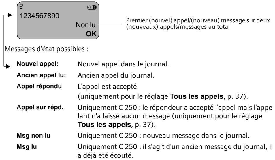 SIEMENS A31008-C250-G101-1-2X19 - Afficher une entrée du journal d'appels/journal du répondeur (seulum. C 250), enregistrer le numéro dans l'annuaire. - 1