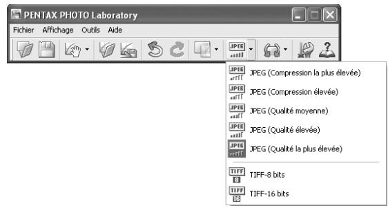 PENTAX Browser_3 - Sélectionnez la commande [Mode d'enregistrement] dans le menu [Outils] ou cliquez sur le bouton à droite de l'icone pour selectionner le format d'enregistrement. - 1