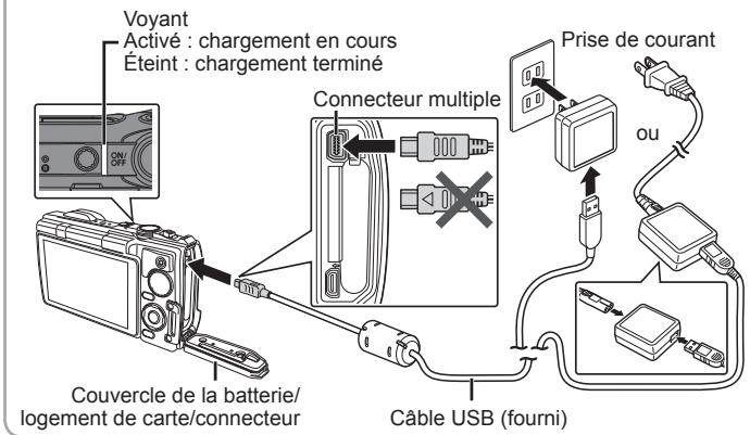 OLYMPUS TG-860 - Vérifiez que la batterie est présente dans l'appareil photo, puis connectez le cable USB et l'adaptateur secteur USB. - 1
