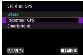 CANON R6 - Dans [Sél. disp. GPS], Sélectionnéz [Récepteur GPS]. - 1