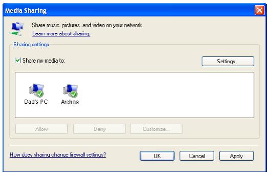 ARCHOS 5 WIFI 160 GO - CONFIGURER LES OPTIONS DE PARTAGE DE WINDOWS MEDIA® PLAYER - 2