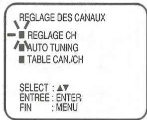 REGLAGE DES CANAUX ■ REGLAGE CH ■ AUTO TUNING ■ TABLE CAN./CH SELECT : ▲▼ ENTREE : ENTER FIN : MENU