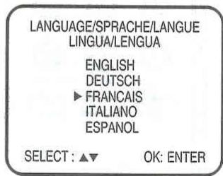 LANGUAGE/SPRACHE/LANGUE LINGUA/LENGUA ENGLISH DEUTSCH ► FRANCAIS ITALIANO ESPAÑOL SELECT : ▲▼ OK: ENTER