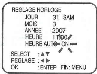 REGLAGE HORLOGE JOUR 31 SAM MOIS 3 ANNEE 2007 HEURE 11:30 HEURE AUTO ON SELECT :▲▼ REGLAGE :◀▶ OK :ENTER FIN: MENU