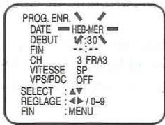 PROG. ENR. DATE HEB-MER DEBUT 30 FIN CH 3 FRA3 VITESSE SP VPS/PDC OFF SELECT :▲▼ REGLAGE :▲/0-9 FIN :MENU