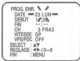 PROG. ENR. DATE — 23 LUN — DEBUT 1:30 FIN ---:— CH 3 FRA3 VITESSE SP VPS/PDC OFF SELECT : ▲▼ REGLAGE : ◀►/0—9 FIN : MENU