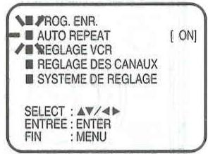 PROG. ENR. AUTO REPEAT [ ON ] REGLAGE VCR REGLAGE DES CANAUX SYSTEME DE REGLAGE SELECT : ▲▼/◄► ENTREE : ENTER FIN : MENU