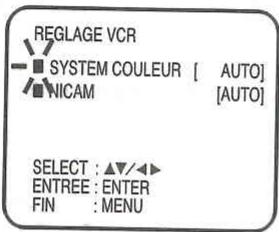 REGLAGE VCR SYSTEM COULEUR [ AUTO] NICAM [AUTO] SELECT : ▲▼/◄► ENTREE : ENTER FIN : MENU