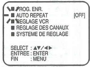 PROG. ENR. AUTO REPEAT [OFF] REGLAGE VCR REGLAGE DES CANAUX SYSTEME DE REGLAGE SELECT : ▲▼/◄► ENTREE : ENTER FIN : MENU