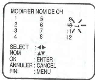 MODIFIER NOM DE CH 1 5 2 6 3 7 4 8 SELECT :▲▼ NOM :▲▼ OK : ENTER ANNULER : CANCEL FIN : MENU