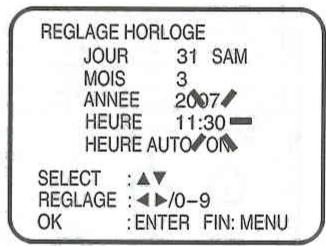 REGLAGE HORLOGE JOUR 31 SAM MOIS 3 ANNEE 2007 HEURE 11:30 HEURE AUTO OK SELECT :▲▼ REGLAGE :◀/0-9 OK :ENTER FIN: MENU