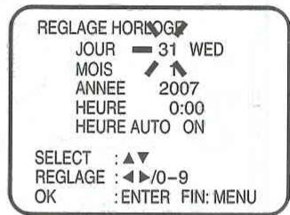 REGLAGE HORIZOGP JOUR — 31 WED MOIS ANNEE 2007 HEURE 0:00 HEURE AUTO ON SELECT :▲▼ REGLAGE :◀▶/0-9 OK :ENTER FIN: MENU
