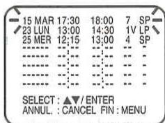 15 MAR 17:30 18:00 7 SP 23 LUN 13:00 14:30 1V LP 25 MER 12:15 13:00 4 SP SELECT : ▲▼ / ENTER ANNUL : CANCEL FIN : MENU