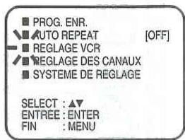 PROG. ENR. AUTO REPEAT [OFF] REGLAGE VCR REGLAGE DES CANAUX SYSTEME DE REGLAGE SELECT : ▲▼ ENTREE : ENTER FIN : MENU
