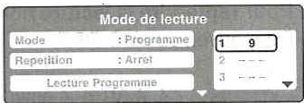 Mode de lecture Mode : Programme Repetition : Arret Lecture Programme 1 9 2 --- 3 ---