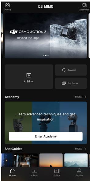 DJI Osmo_Action_4 - Écran d'accueil de l'application DJI mimo - 1