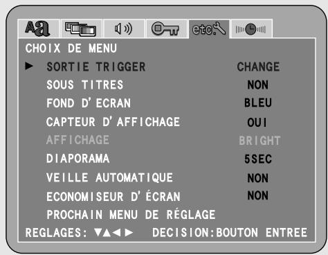 CHOIX DE MENU ► SORTIE TRIGGER SOUS TITRES FOND D' ECRAN CAPTEUR D' AFFICHAGE AFFICHAGE DIAPORAMA VEILLE AUTOMATIQUE ECONOMISEUR D' ÉCRAN PROCHAIN MENU DE RÉGLAGE REGLAGES: ▼▲◀▶ DECISION:BOUTON ENTREE