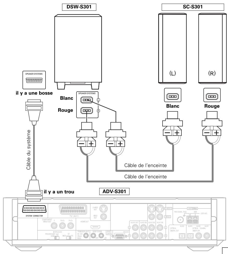 DSW-S301 SC-S301 (L) (R) blanc Rouge Câble de l'enceinte Câble de l'enceinte il y a une bosse Blanc Rouge il y a un trou ADV-S301 SYSTEM CONNECTOR COMPONENT VIDEO OUT Y PL/DI PL/DI INTERNACED PROGRESSIVE HOME TRIGGER OUT DC 12V 25mA MAX. S-MSD OUT HDMI OUT AVIX3 OUT AUX3 IN AUX2 IN AUX1 IN OUT IN AVIX3 DIGITAL OPTICAL DIGITAL OUT AUTENNA AM LOOP ANT. AVIX3 AUX2 AUX1 OPTICAL CHAPAL SDETAL IN