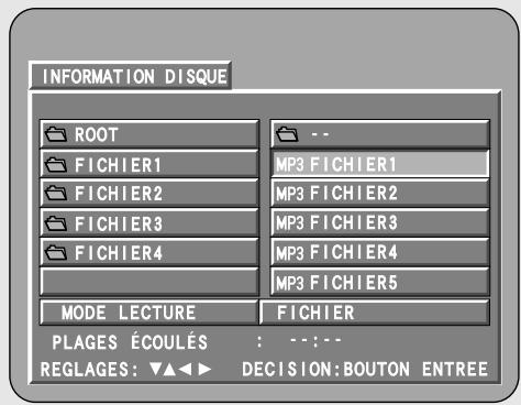 INFORMATION DISQUE ROOT -- FICHIER1 MP3 FICHIER1 FICHIER2 MP3 FICHIER2 FICHIER3 MP3 FICHIER3 FICHIER4 MP3 FICHIER4 MP3 FICHIER5 MODE LECTURE FICHIER PLAGES ÉCOULÉS : --:-- REGLAGES: ▼▲◀▶ DECISION:BOUTON ENTREE