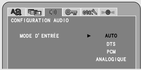CONFIGURATION AUDIO MODE D' ENTRÉE AUTO DTS PCM ANALOGIQUE