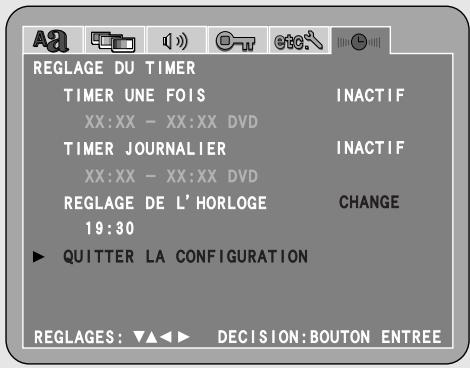 REGLAGE DU TIMER TIMER UNE FOIS INACTIF XX:XX - XX:XX DVD TIMER JOURNALIER INACTIF XX:XX - XX:XX DVD REGLAGE DE L' HORLOGE CHANGE 19:30 ► QUITTER LA CONFIGURATION REGLAGES: ▼▲◀▶ DECISION:BOUTON ENTREE