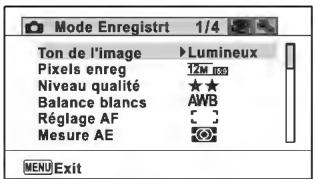 Mode Enregistri 1/4 Ton de l'image ▶ Lumineux Pixels enreg 12M H3D Niveau qualité ★★ Balance blancs AWB Réglage AF [ ] Mesure AE [ ]