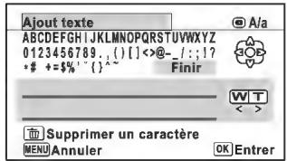 Aout texte ABCDEFGHIJKLMNOPQRSTUVWXYZ 0123456789..();[]<@-/.;!? *# +=%^`{}~ Finir W T Supprimer un caractère MENU Annuler OK Entrer