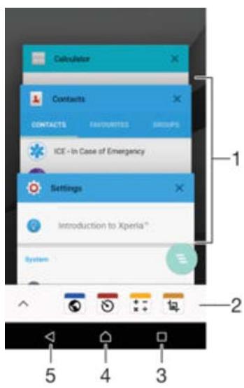 Calculator Contacts CONTACTS FAUTURES GROUPS ICE - In Case of Emergency Settings Introduction to Xperia® System 1 2 5 4 3