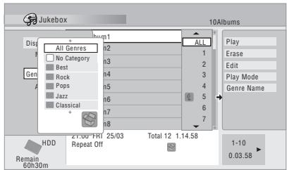 Jukebox 10Albums All Genres h2 ALL 1 Play Erase Edit Play Mode Genre Name No Category h3 Best h4 Rock h5 Pops h6 Jazz h7 Classical h8 HDD 21:00 FRI 25/03 Total 12 1.14.58 Repeat Off Remain 60h30m 1-10 0.03.58