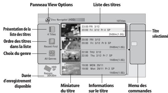 Panneau View Options Liste des titres Disc Navigator (HDD) 10Titles Présentation de la liste des titres 4 Titles Ordre des titres dans la liste Choix du genre Recent First All Genres HDD SP Remain 30h30m Duree d'enregistrement disponible Miniature du titre Informations sur le titre Menu des commandes Titre sélectionné